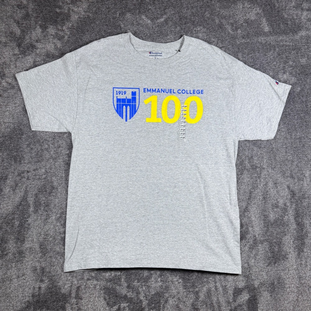 Champion Emmanuel College 100th Anniversary T-Shirt Gray Mens Large 1919-2019